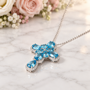 Pear-cut Swiss Blue Halo Cross Necklace-Black Diamonds New York