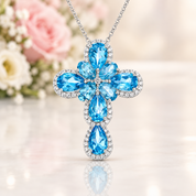 Pear-cut Swiss Blue Halo Cross Necklace-Black Diamonds New York