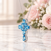 Pear-cut Swiss Blue Halo Cross Necklace-Black Diamonds New York