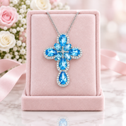 Pear-cut Swiss Blue Halo Cross Necklace-Black Diamonds New York