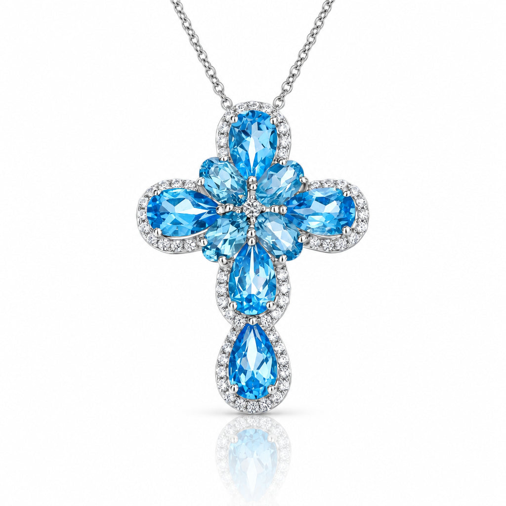 Pear-cut Swiss Blue Halo Cross Necklace-Black Diamonds New York