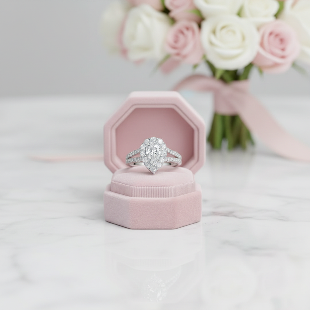 A silver-toned halo ring with a large round center stone and smaller surrounding stones, displayed in an open pink jewelry box on a white marble surface, with pink and white roses blurred in the background.