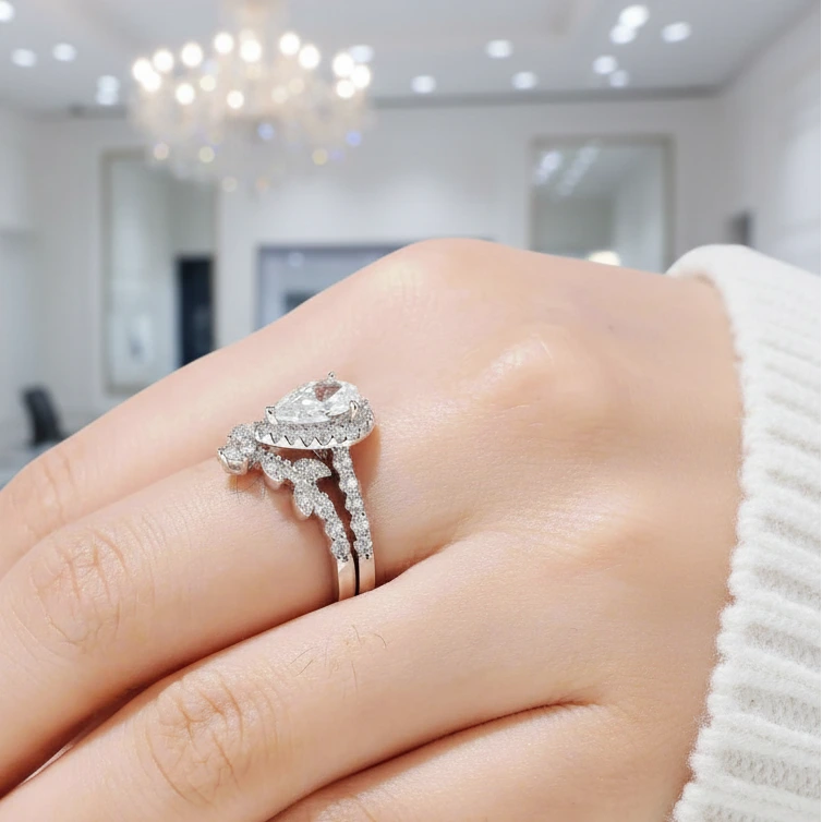 Pear Cut Diamond Leaf Engagement Ring Set-Black Diamonds New York