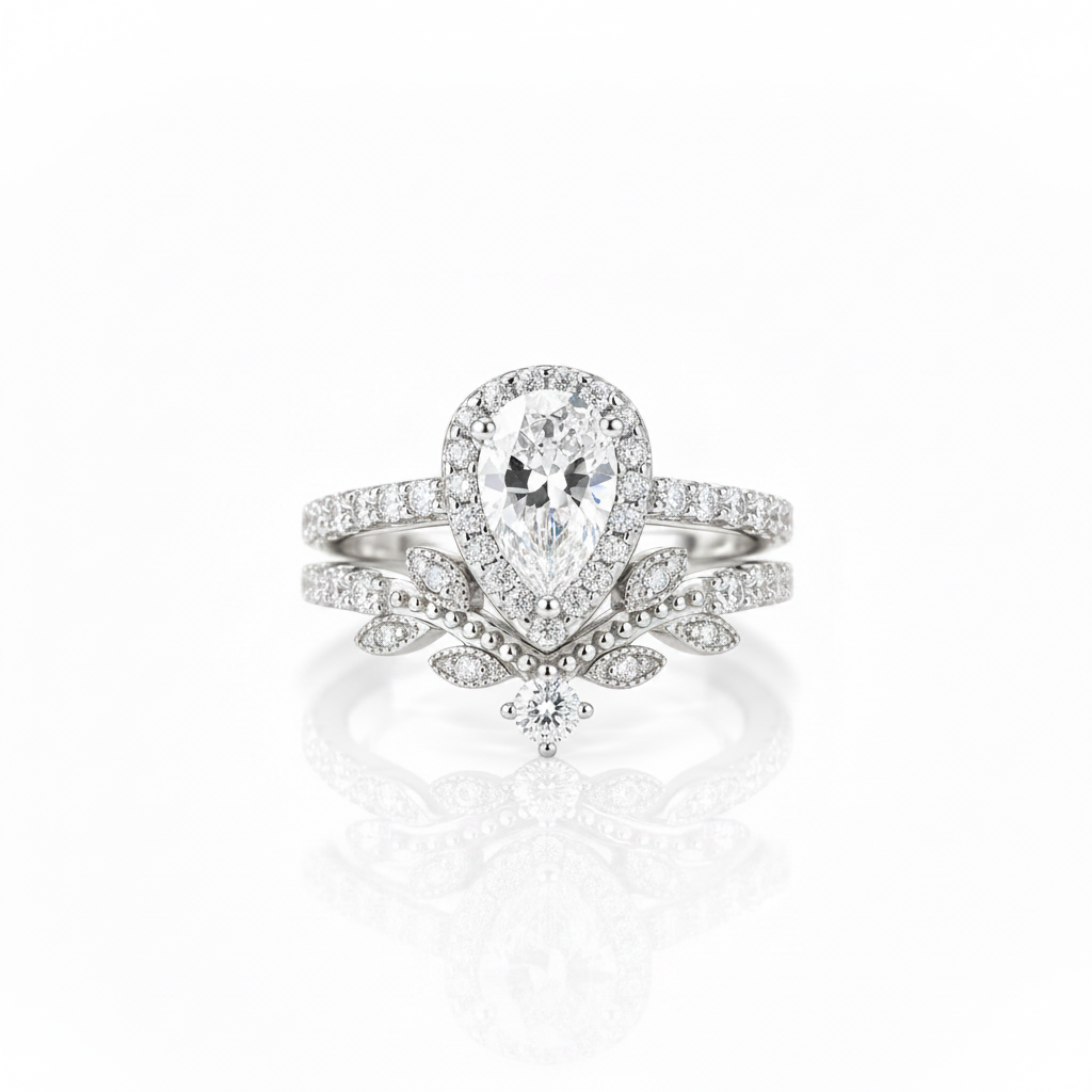 Pear Cut Diamond Option Leaf Engagement Ring Set-Black Diamonds New York