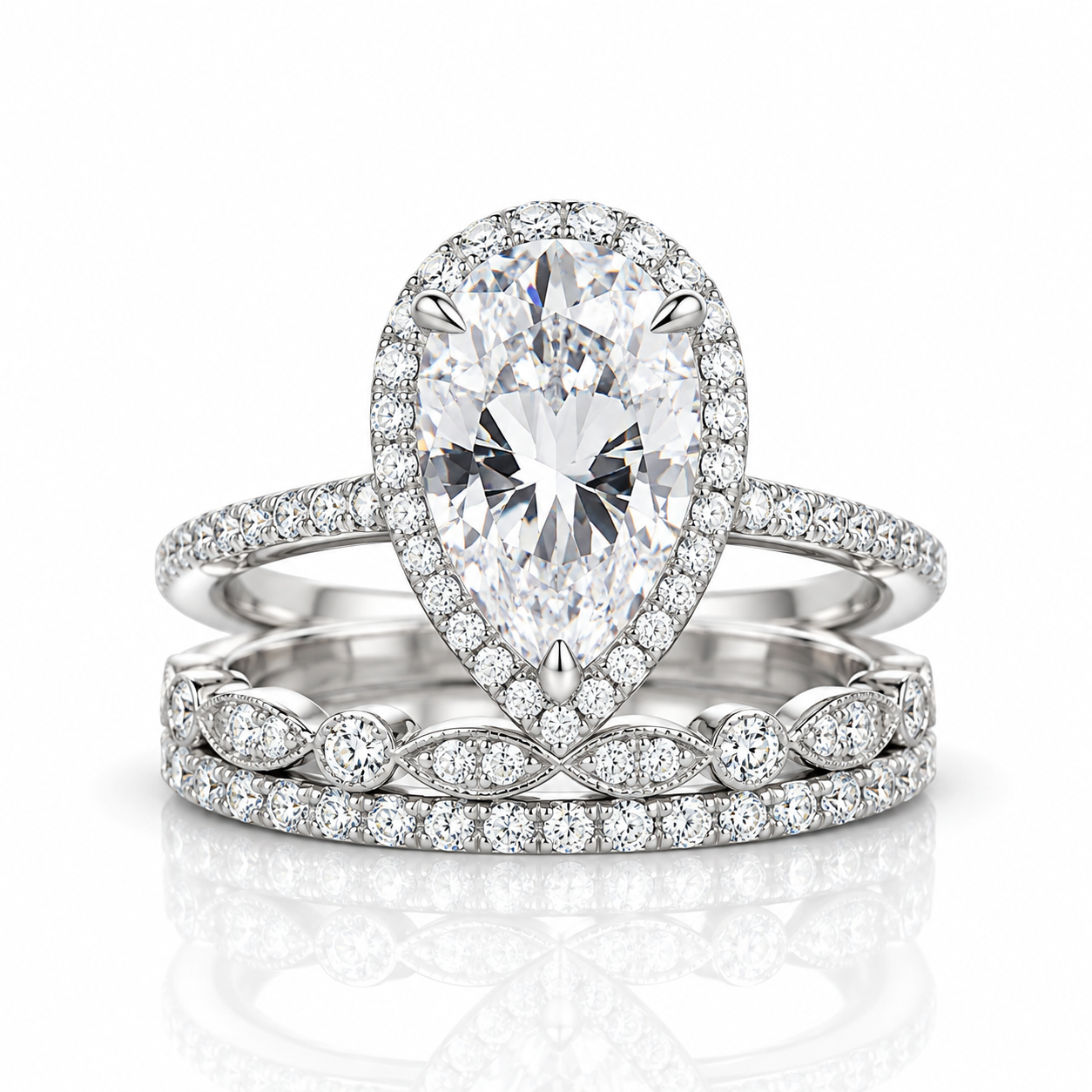 Halo Pear Cut Sapphire White Gold Ring Set-Black Diamonds New York