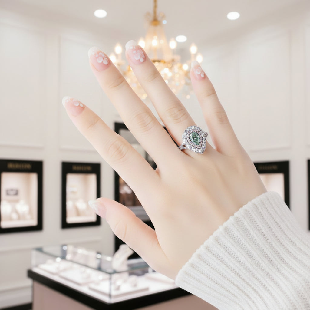 A hand wearing a silver-toned ring with a green oval center stone and surrounding clear stones, posed in front of a softly blurred jewelry store interior with chandeliers and display cases.