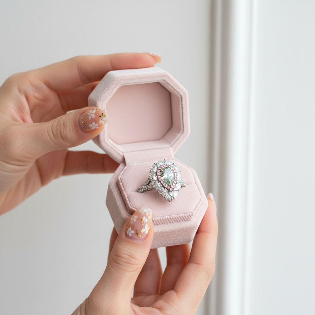 A silver ring with a heart-shaped clear gemstone and surrounding diamonds is displayed inside an open light pink velvet ring box, held by two hands with floral nail art against a soft white background.