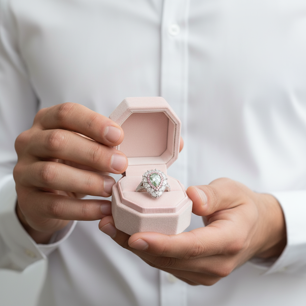 A close-up of a person in a white button-down shirt holding an open light pink octagonal ring box. The ring box contains a silver-toned ring with a large clear central gemstone surrounded by smaller clear stones.