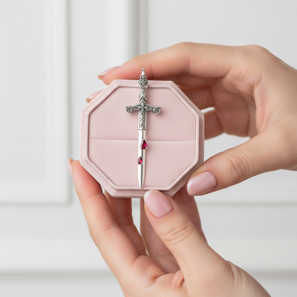 A silver dagger pendant with sparkling clear stones and small pink gem accents, displayed on an octagonal light pink jewelry box held by two hands against a soft white background.