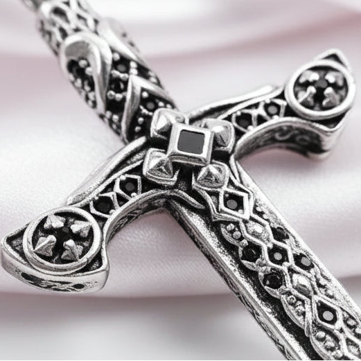 Close-up of an ornate silver-toned cross pendant with intricate filigree cutouts and a central square black inlay, photographed on a plain light background.