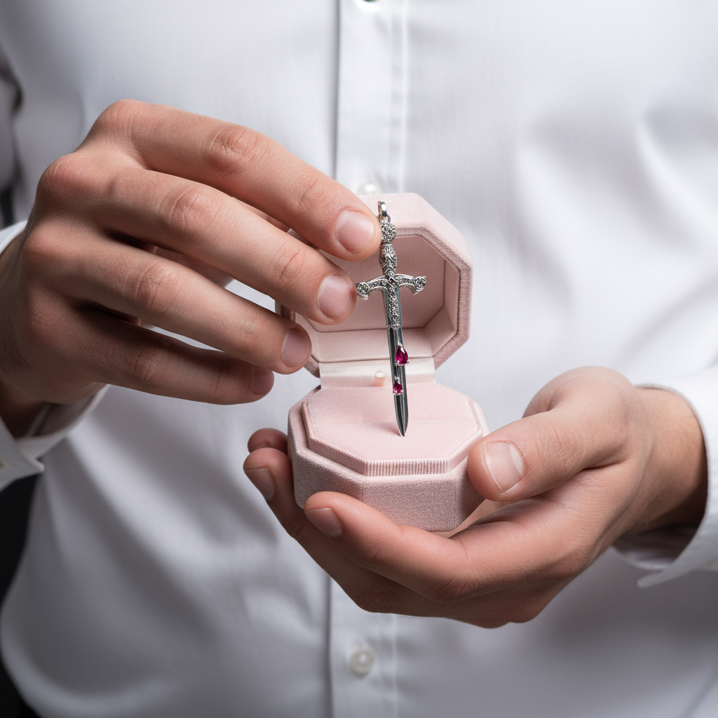 A close-up of a person in a white dress shirt holding an open light pink jewelry box and presenting a silver cross pendant with small pink gemstones.
