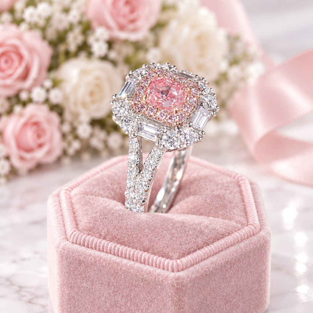 A pink cushioned ring box holding a silver-toned ring with a large pink center stone and clear baguette and round stones, set against soft pink roses and a pink ribbon.