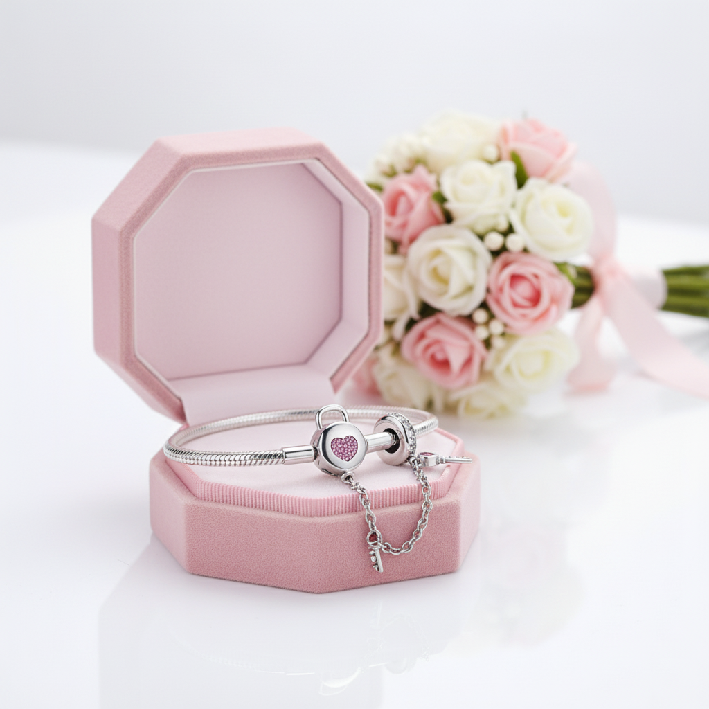 Pink Diamond Option Heart Lock & Key Safety Charm Bracelet-Black Diamonds New York