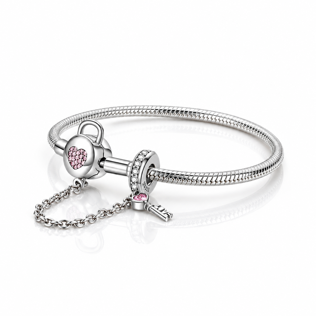 Pink Diamond Option Heart Lock & Key Safety Charm Bracelet-Black Diamonds New York