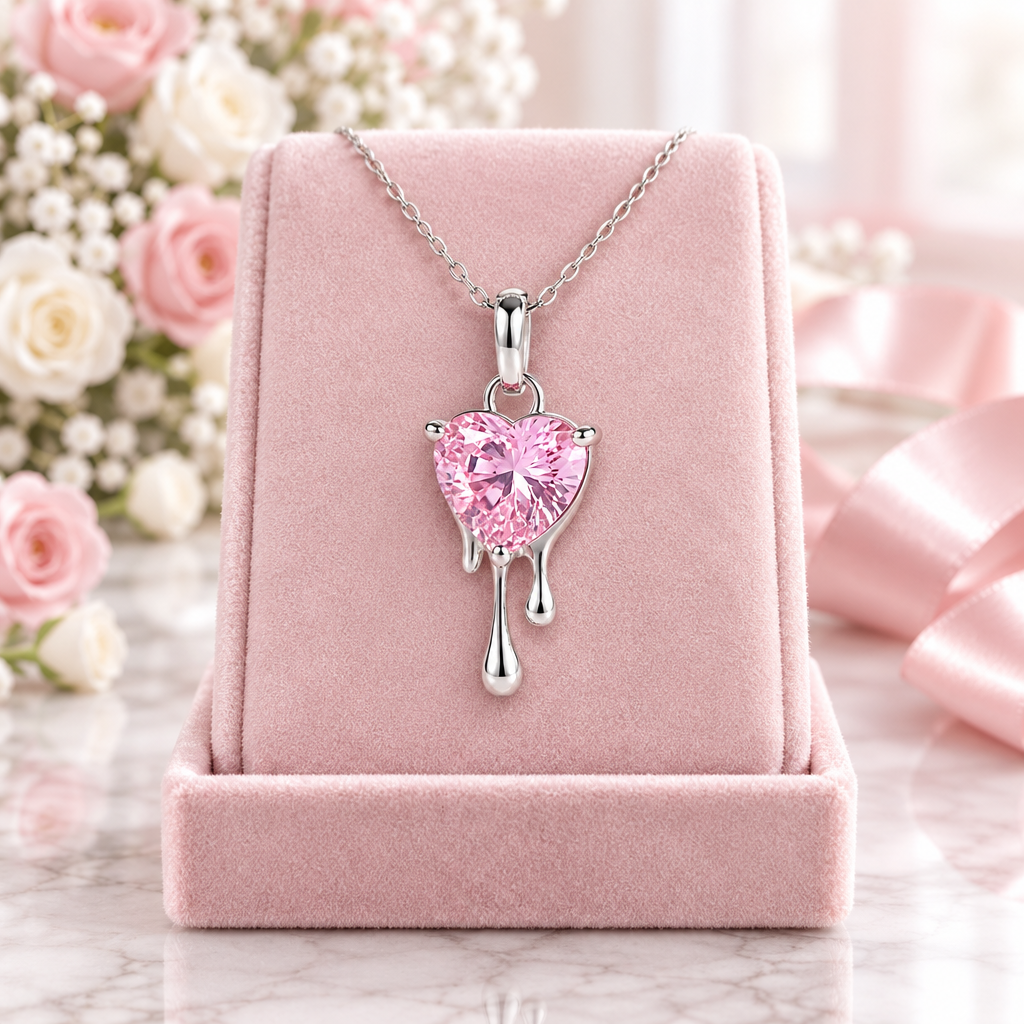 Pink Heart-Shaped Diamond Option with Dripping Heart Necklace-Black Diamonds New York