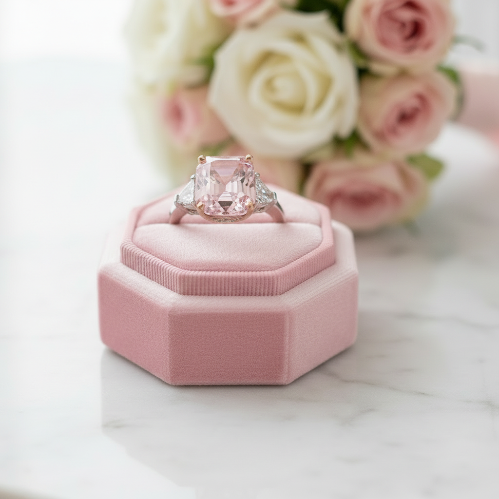 Pink Sapphire Asscher Cut and Trillion Cut Three Stone Engagement-Black Diamonds New York