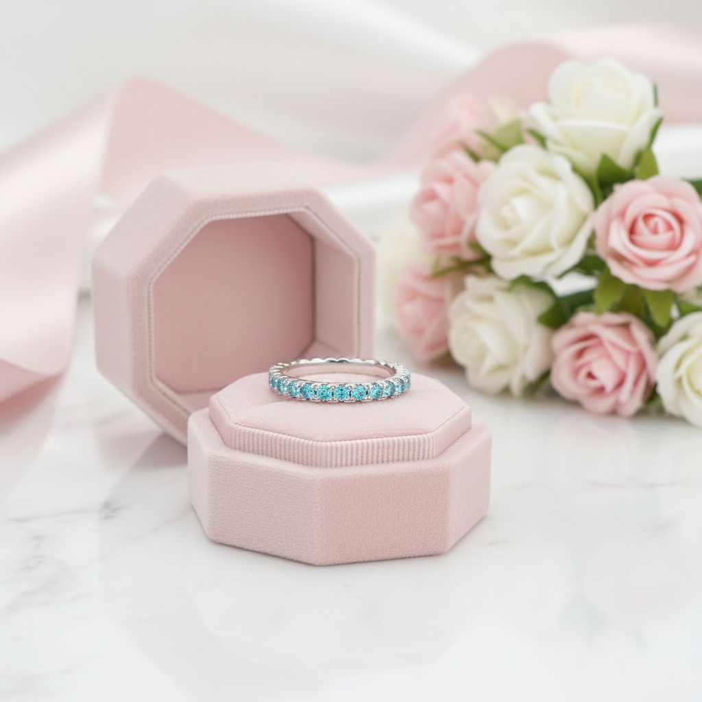 Full Eternity Light Aquamarine Blue Wedding Band-Black Diamonds New York