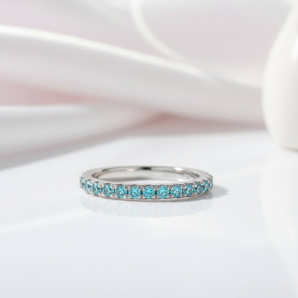 Full Eternity Light Aquamarine Blue Wedding Band-Black Diamonds New York