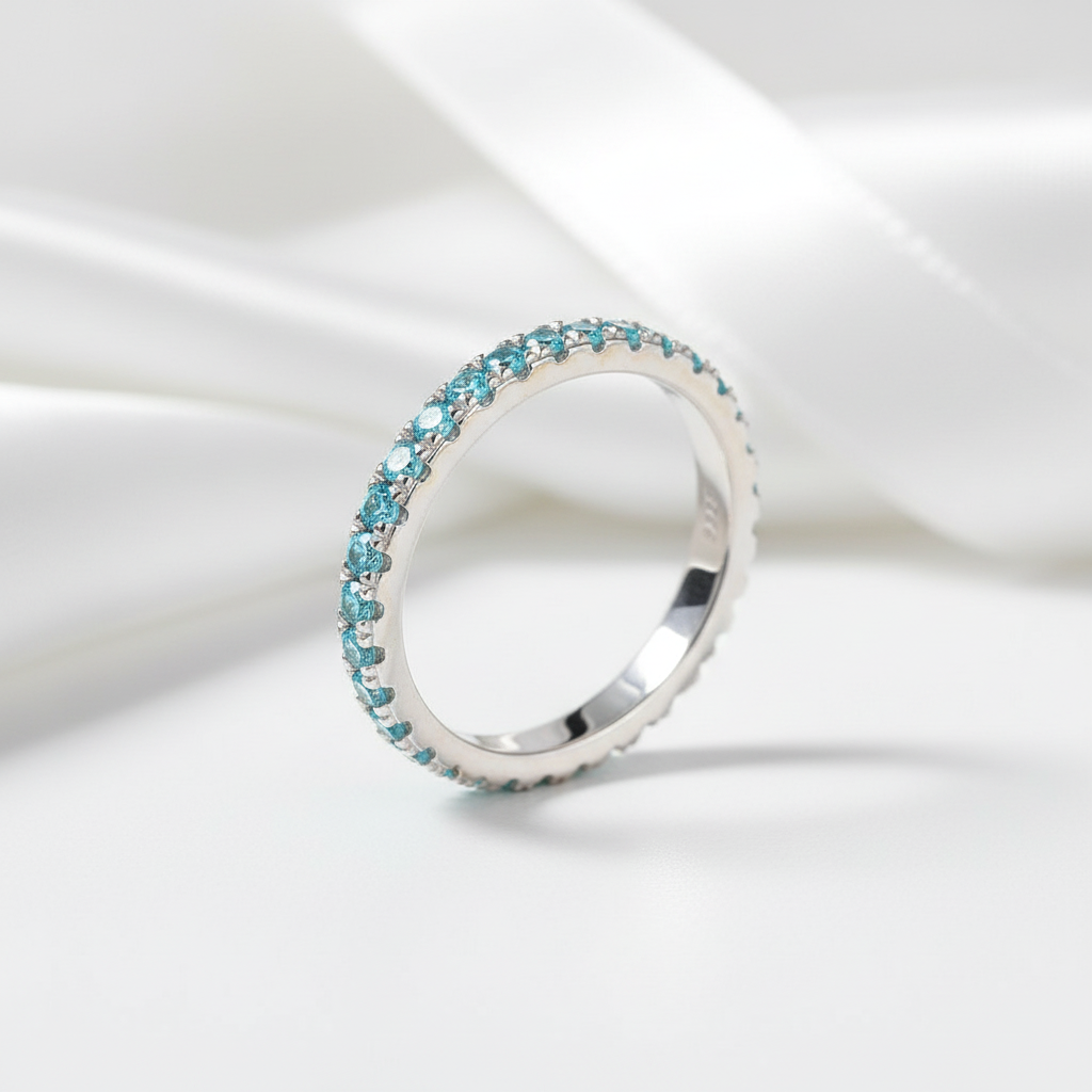 Full Eternity Light Aquamarine Blue Wedding Band-Black Diamonds New York