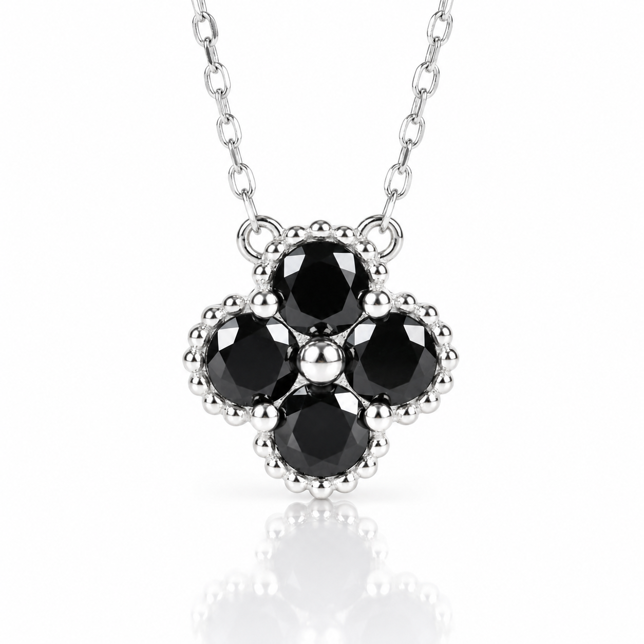 Platinum Overlay Four-Leaf Clover Certified Moissanite Necklaces-Black Diamonds New York