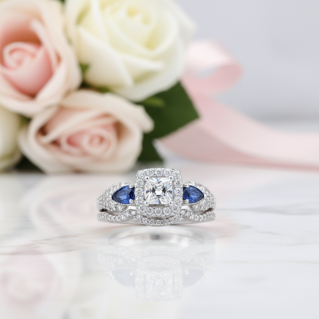 Princess Cut & Blue Pear Diamond Option Ring Set-Black Diamonds New York