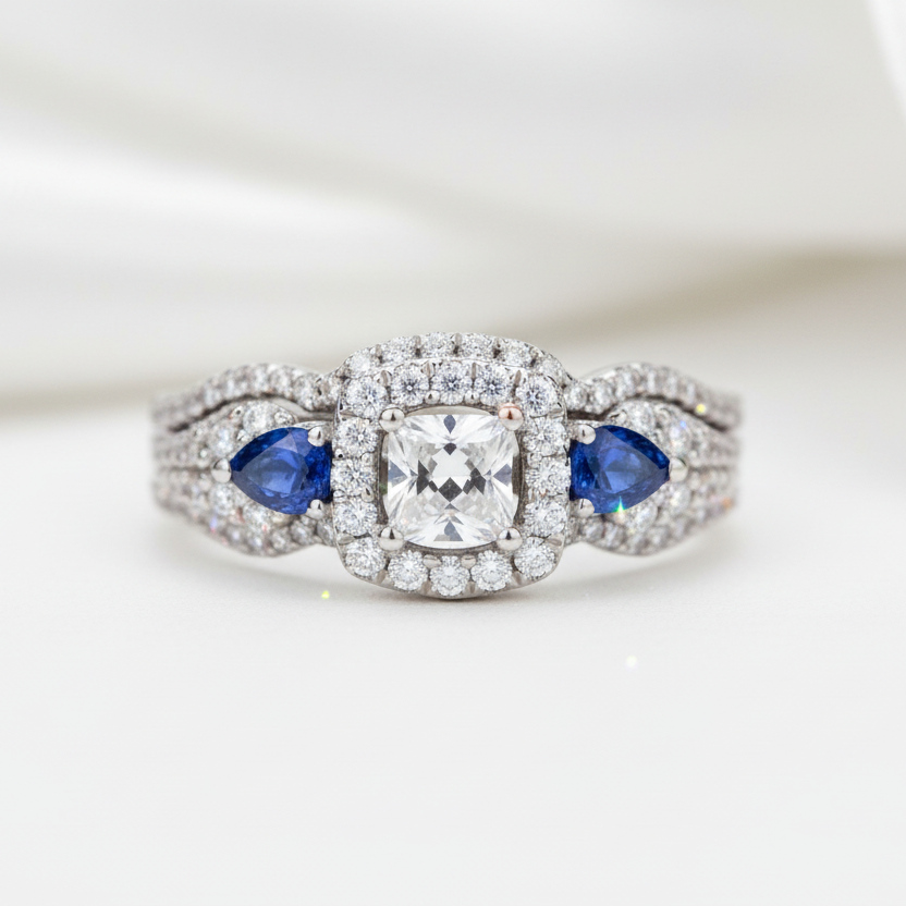 Princess Cut & Blue Pear Diamond Option Ring Set-Black Diamonds New York