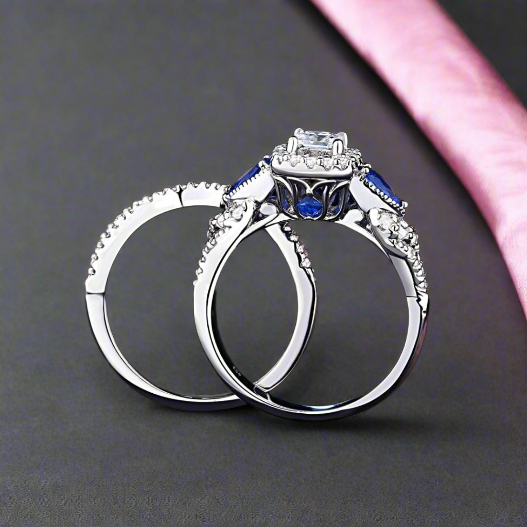 Princess Cut & Blue Pear Diamond Ring Set-Black Diamonds New York