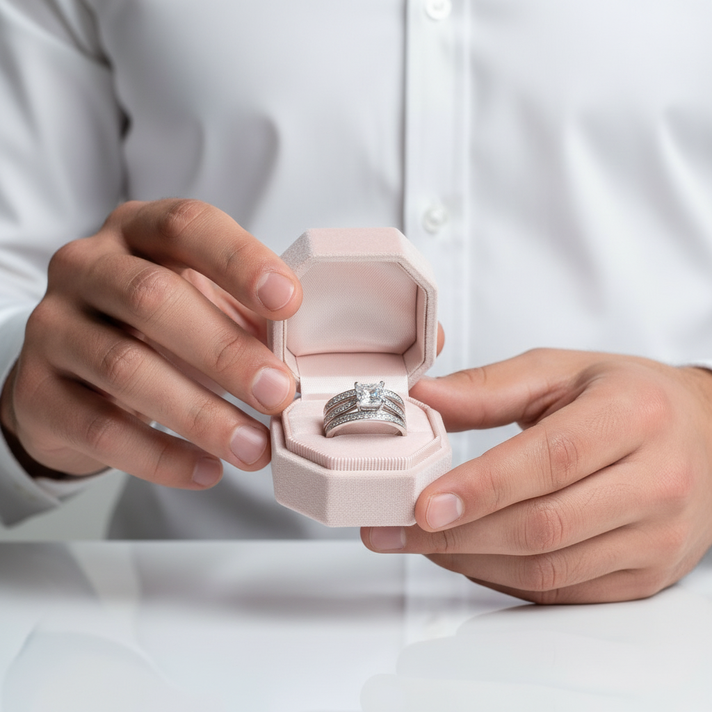 Person holding a pink jewelry box with two rings inside, wearing a white shirt.