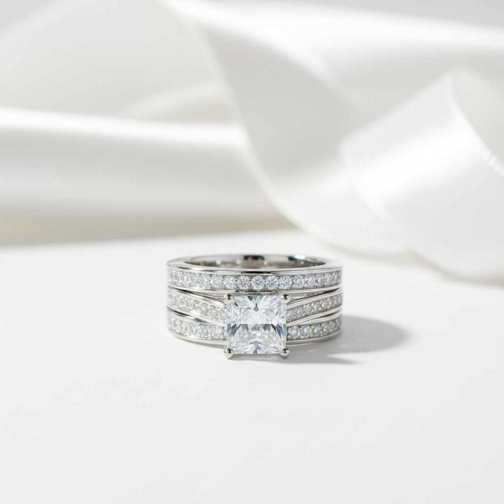 Diamond ring on a white fabric background