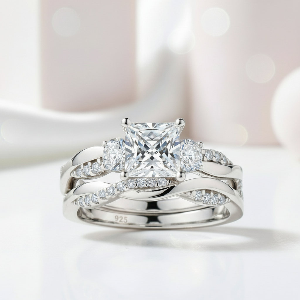 Princess Cut Diamond Eternity Twist Cross Wedding Ring Set-Black Diamonds New York