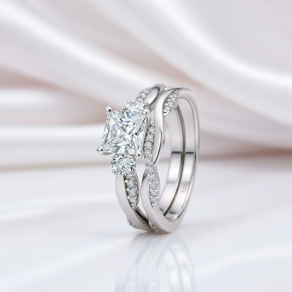 Princess Cut Diamond Eternity Twist Cross Wedding Ring Set