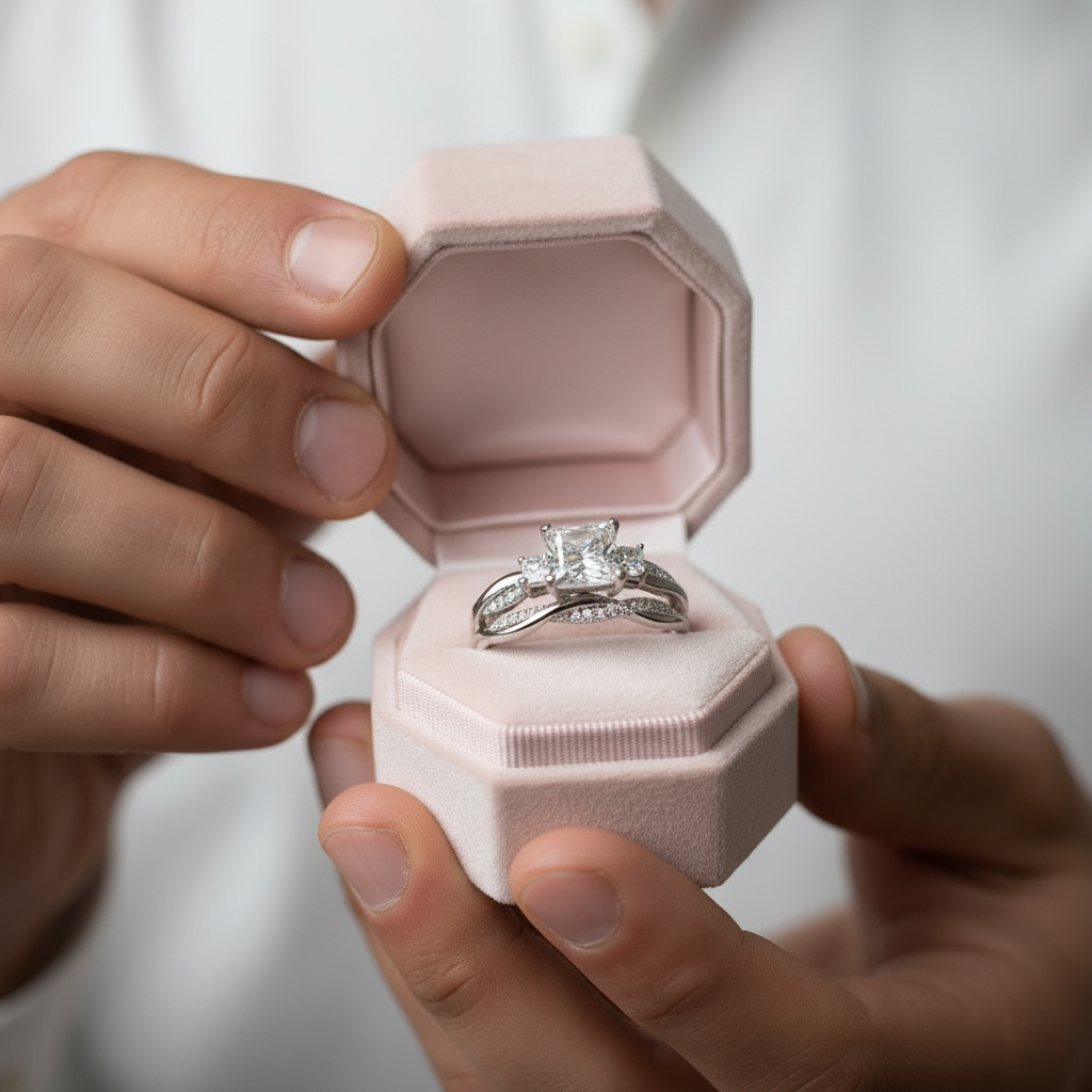 Man holding a pink jewelry box with a ring inside against a neutral background