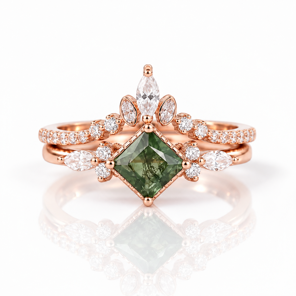 Princess Cut Moss Agate Art Deco Vintage Engagement Ring Set-Black Diamonds New York