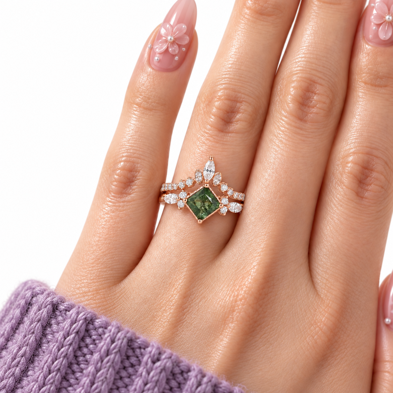 Princess Cut Moss Agate Art Deco Vintage Engagement Ring Set-Black Diamonds New York