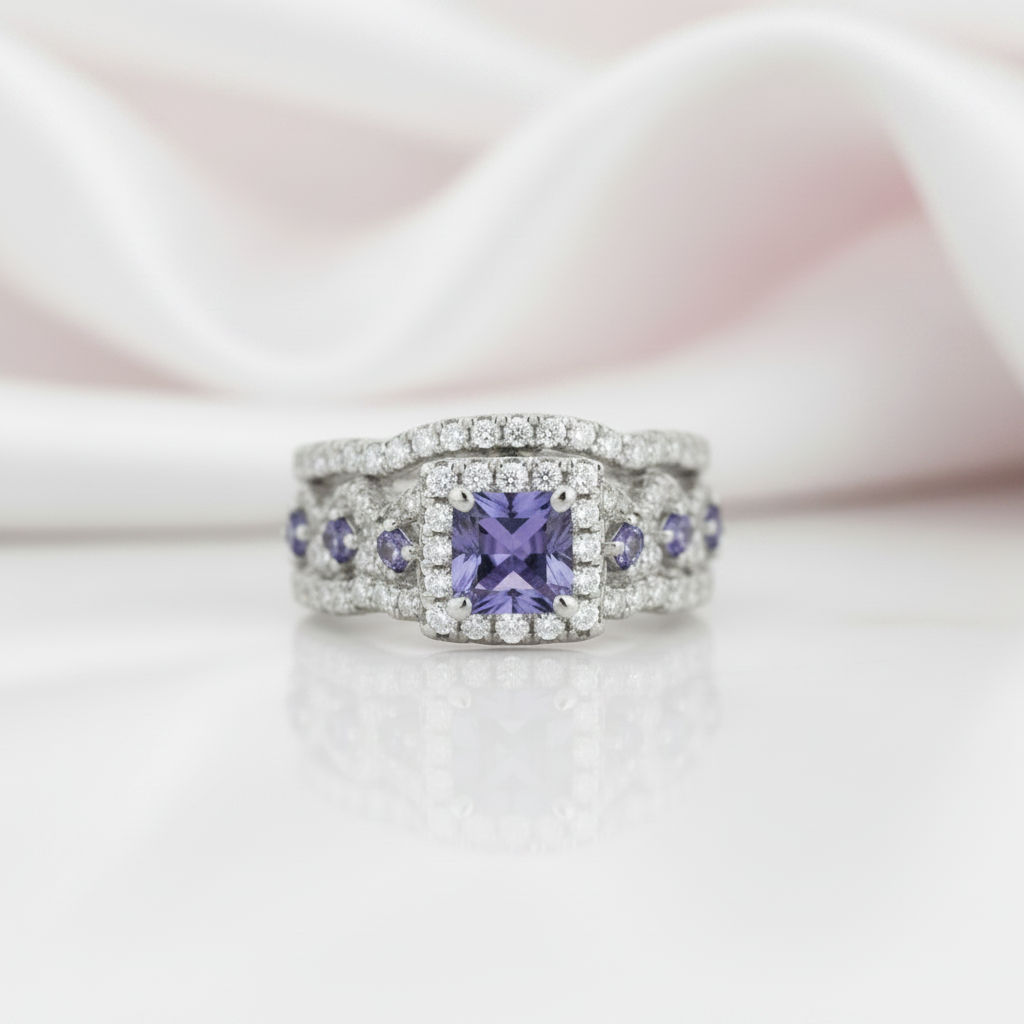 Purple Blue Princess Cut Tanzanite Gemstone Engagement Ring Set-Black Diamonds New York