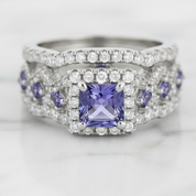 Purple Blue Princess Cut Tanzanite Gemstone Engagement Ring Set-Black Diamonds New York