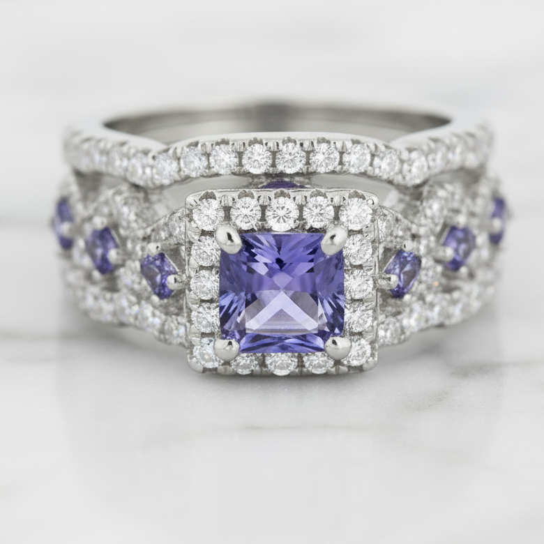 Purple Blue Princess Cut Tanzanite Gemstone Engagement Ring Set-Black Diamonds New York