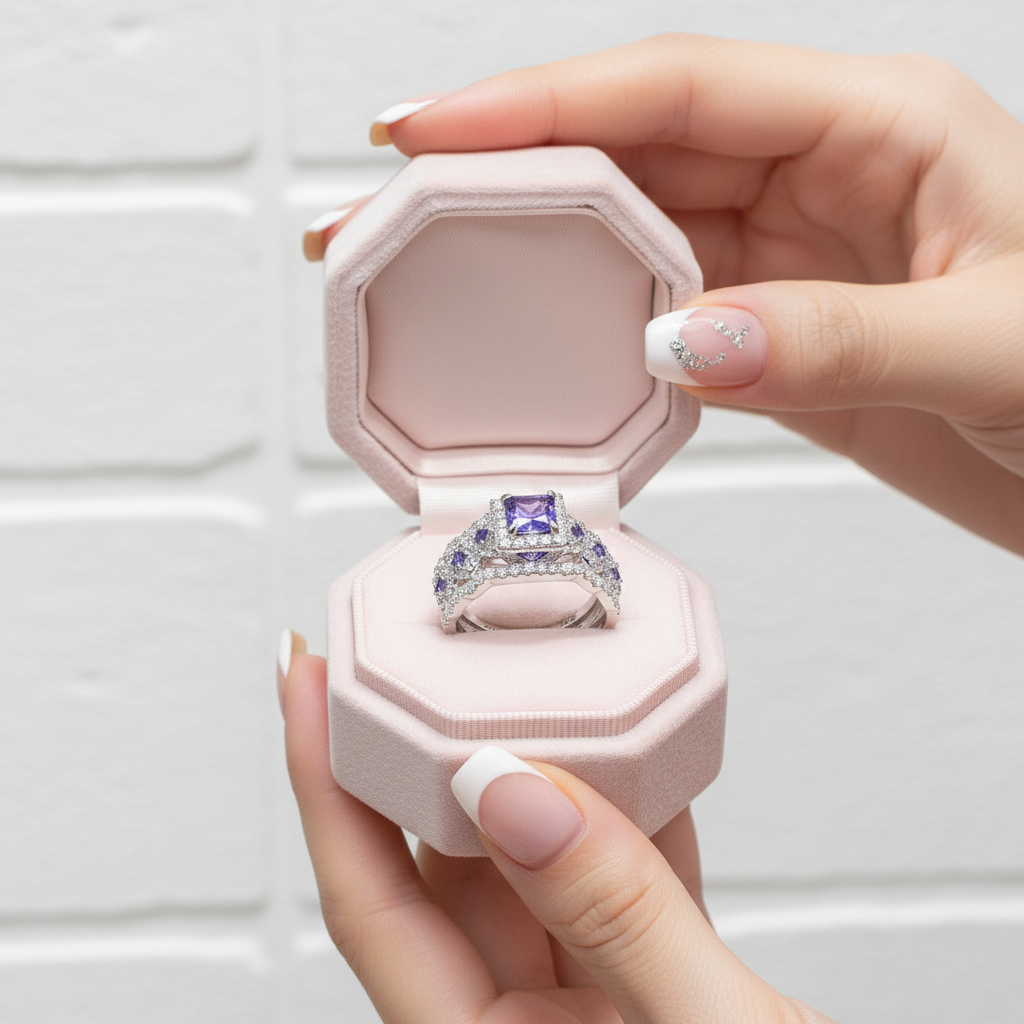 Pink jewelry box with a ring inside, held by a hand against a light background