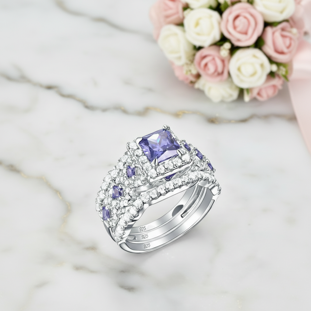 Purple Blue Princess Cut Tanzanite Gemstone Engagement Ring Set-Black Diamonds New York