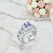 Purple Blue Princess Cut Tanzanite Gemstone Engagement Ring Set-Black Diamonds New York