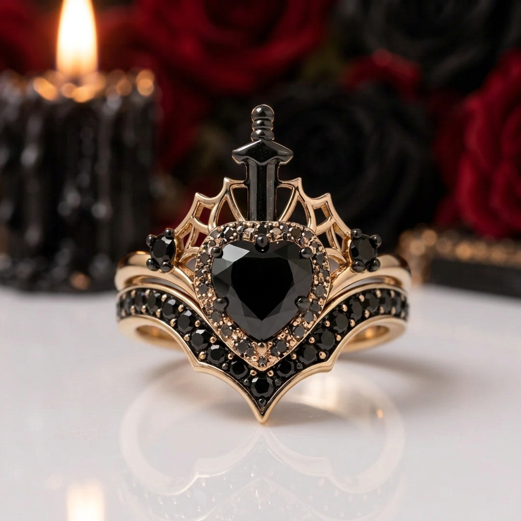 Queen of Hearts- Heart Shape Diamond Option Gothic Wedding Ring-Black Diamonds New York