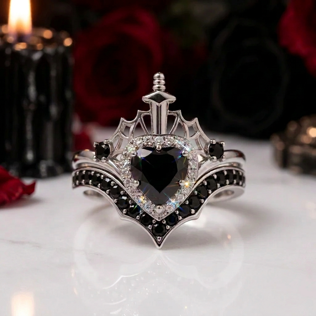 Queen of Hearts- Heart Shape Diamond Option Gothic Wedding Ring-Black Diamonds New York