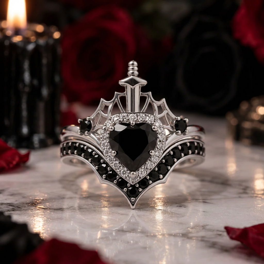 Queen of Hearts- Heart Shape Diamond Option Gothic Wedding Ring-Black Diamonds New York