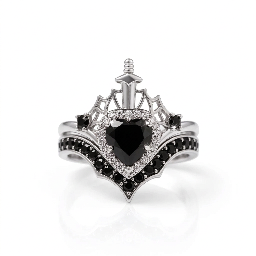 Queen of Hearts- Heart Shape Diamond Option Gothic Wedding Ring-Black Diamonds New York