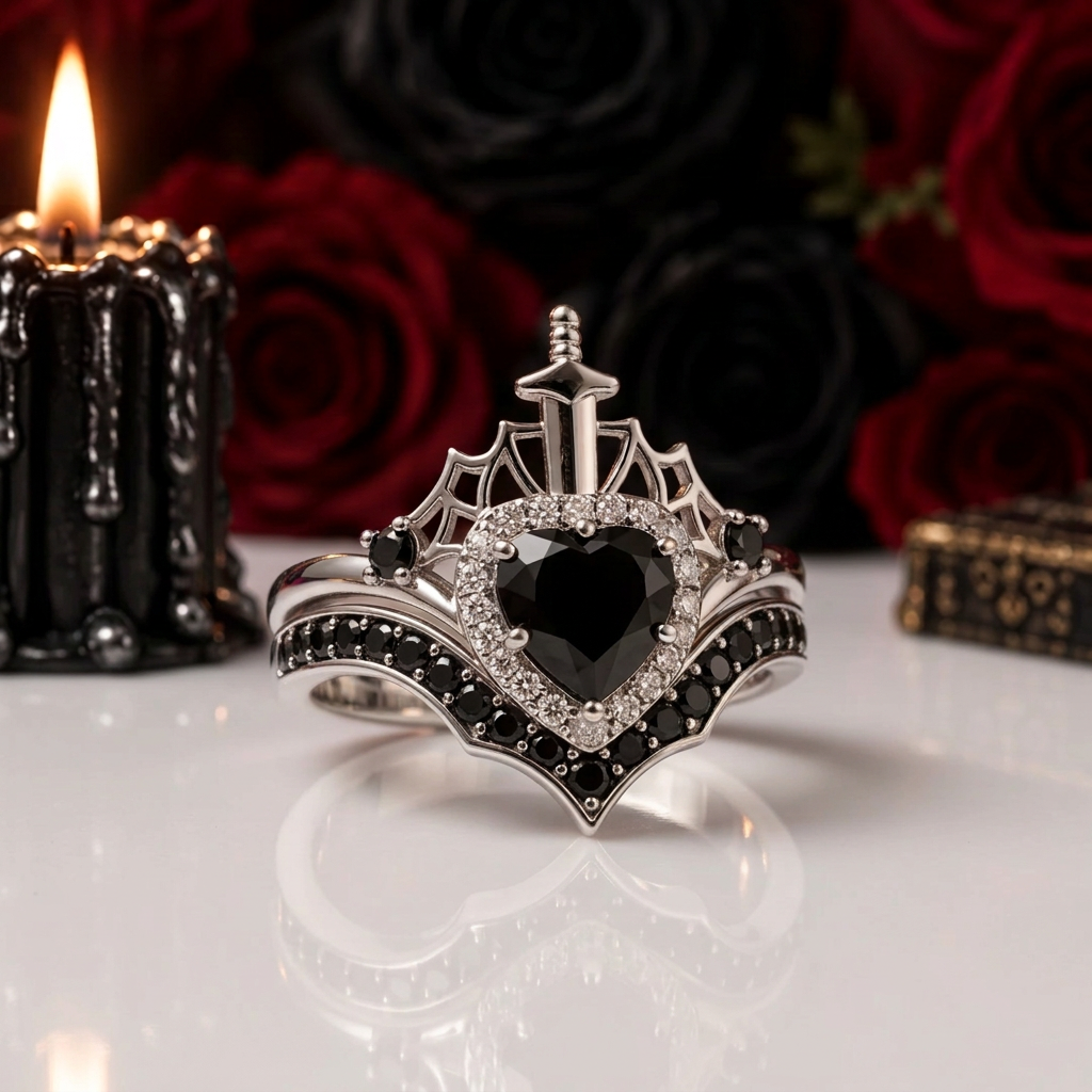 Queen of Hearts- Heart Shape Diamond Option Gothic Wedding Ring-Black Diamonds New York