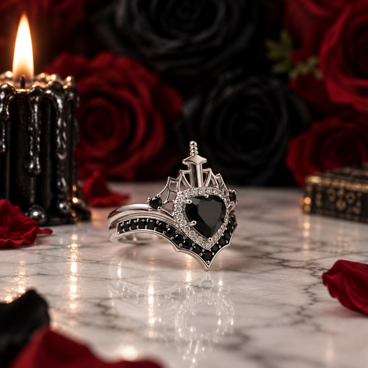 Queen of Hearts- Heart Shape Diamond Option Gothic Wedding Ring-Black Diamonds New York