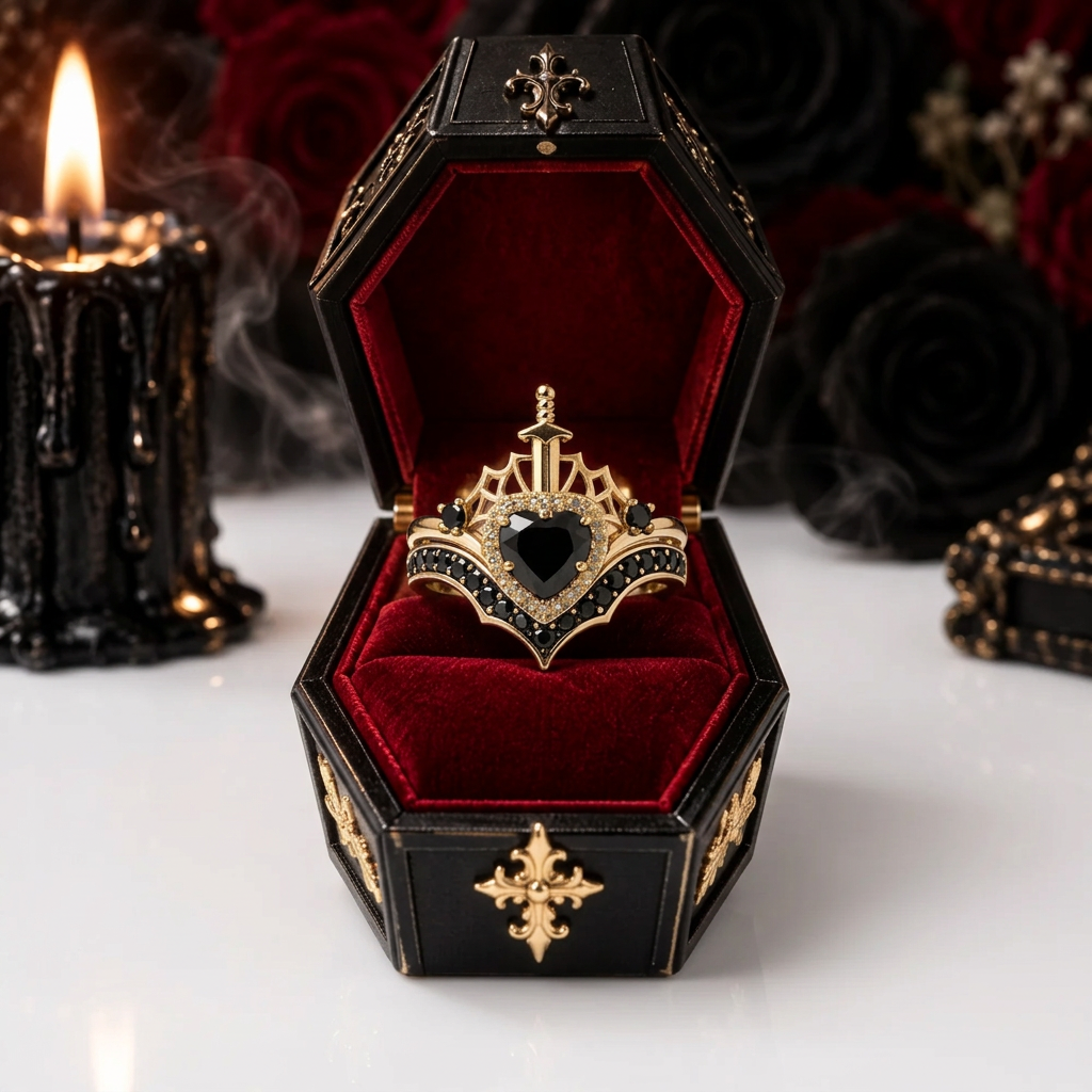 Queen of Hearts- Heart Shape Diamond Option Gothic Wedding Ring-Black Diamonds New York