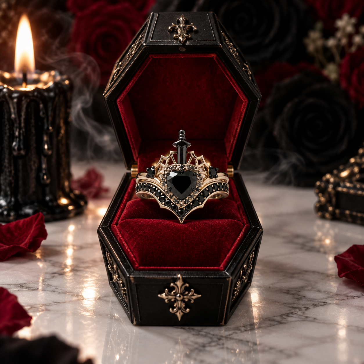 Queen of Hearts- Heart Shape Diamond Option Gothic Wedding Ring-Black Diamonds New York