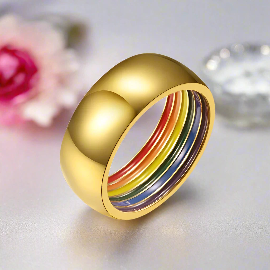 Rainbow Color Dome Stainless Steel Wedding Band-Black Diamonds New York