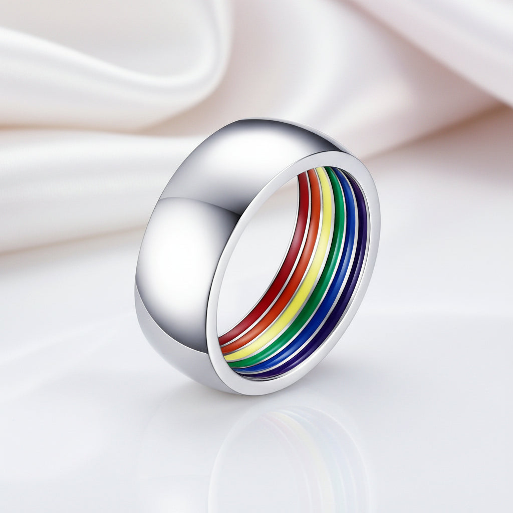 Rainbow Color Dome Stainless Steel Wedding Band-Black Diamonds New York